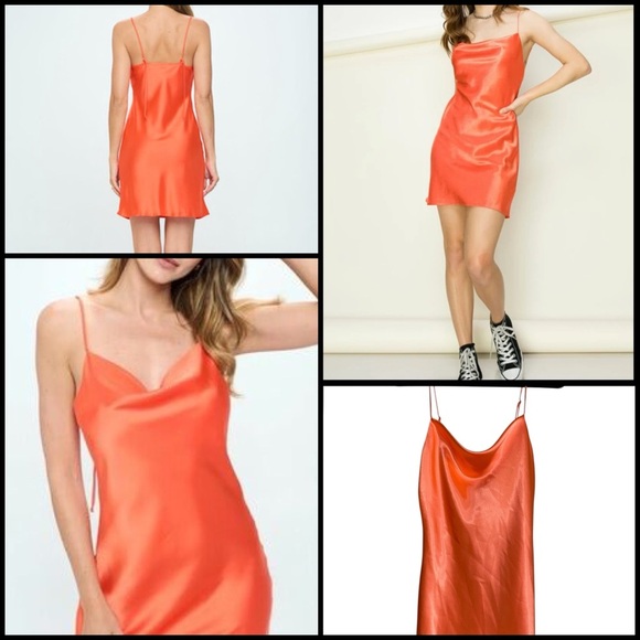 HEMLINE Cowl Neck Silky Sleek Orange Satin Slip Mini Coquette Party Dress Sz XS - Picture 1 of 12